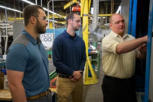 New Engineer Brandon Guetzke (center) receives some hands on training.